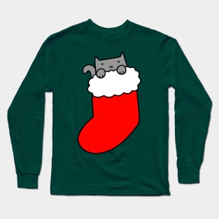 Gray Cat in Christmas Stocking Long Sleeve T-Shirt